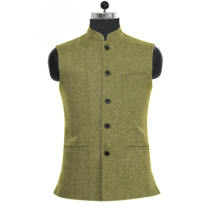 Grüne Herrenweste, ärmellos, Stehkragen, Knopfleiste, elegantes Design, Wollstoff.