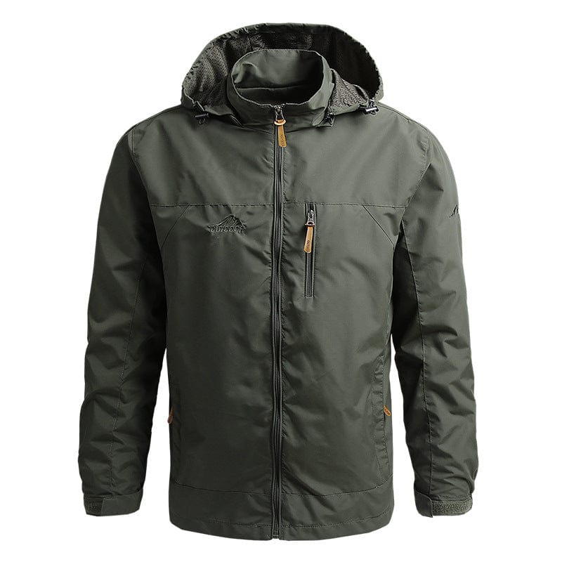 Grüne Herren-Windjacke mit Kapuze, Reißverschluss und Taschen, Outdoor-Bekleidung.