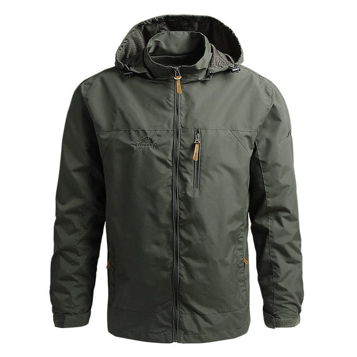 Grüne Herren-Windjacke mit Kapuze, Reißverschluss und Taschen, Outdoor-Bekleidung.