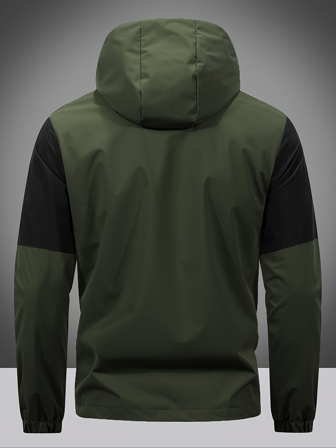 Grüne Herrenjacke mit Kapuze, wasserabweisend, Outdoor-Mode, Rückansicht.