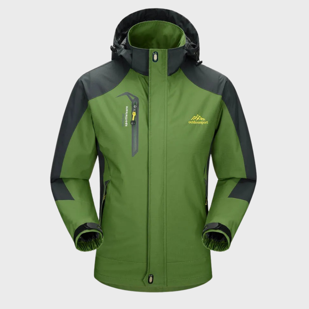 Grüne Outdoor-Jacke mit Kapuze, wasserdicht, winddicht, für Herren, ideal für Wandern und Trekking.