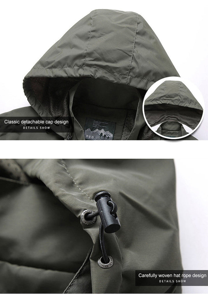 Grüne Outdoor-Jacke mit abnehmbarer Kapuze, strapazierfähigem Material, Kordelzug-Design.