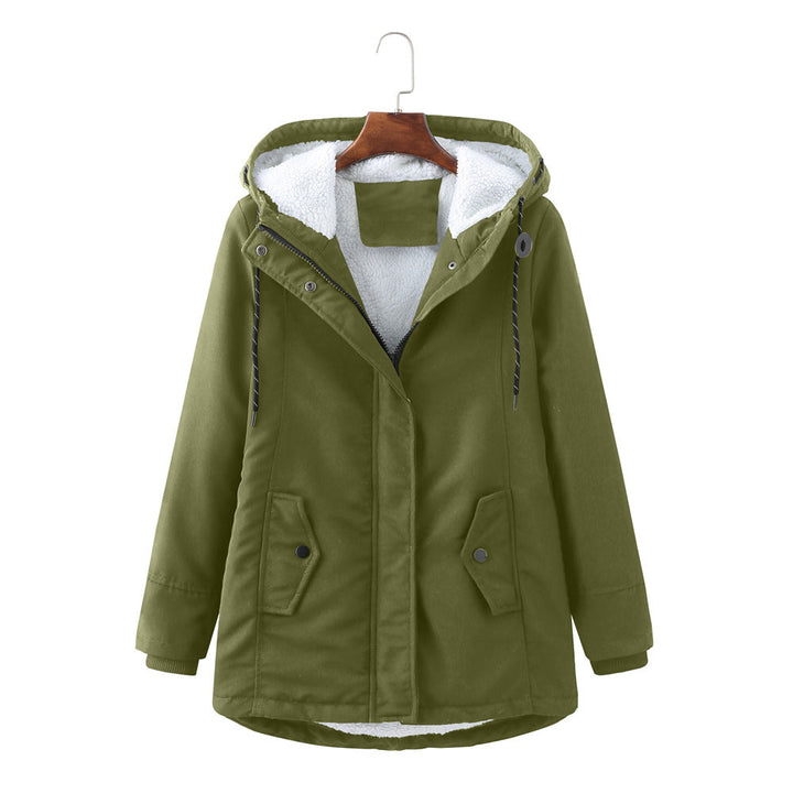 Grüne Damenjacke mit Kapuze, Fleece-Innenfutter, Wintermantel, warm, modisch, Outdoor-Bekleidung.