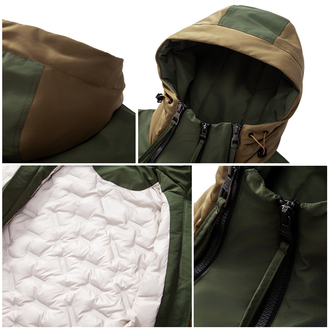 Grüne Outdoor-Jacke mit Kapuze, Reißverschluss, gestepptem Innenfutter, wasserabweisend.