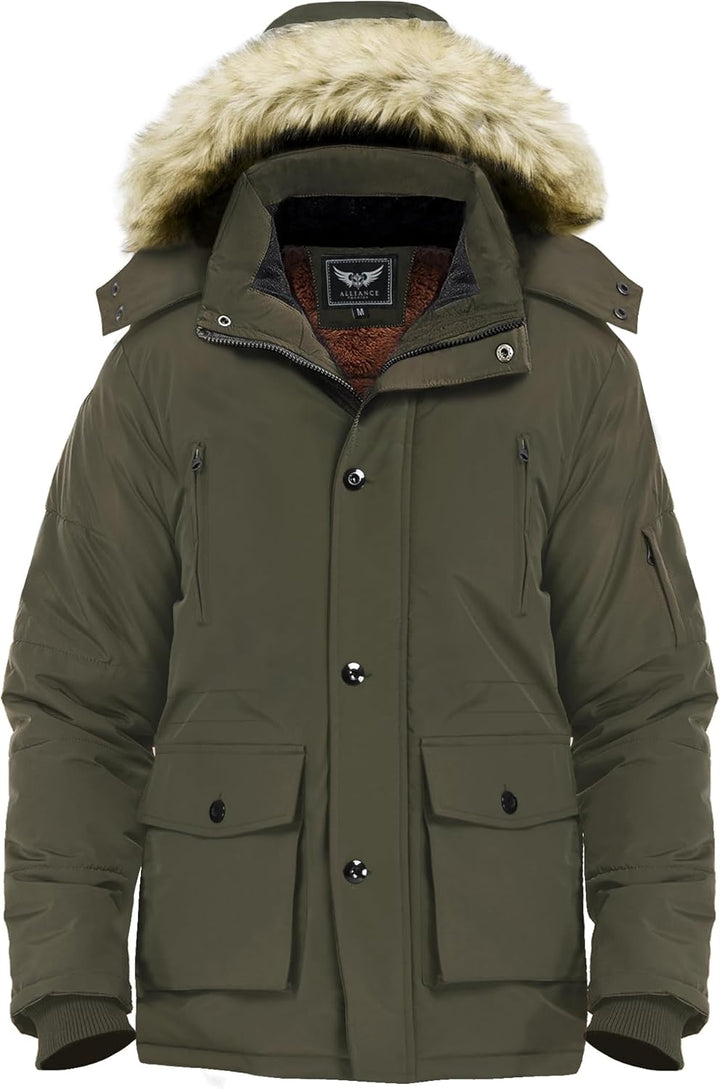 Olivgrüne Winterjacke mit Kapuze und Kunstfellbesatz, warm, wasserdicht, Herrenmode.