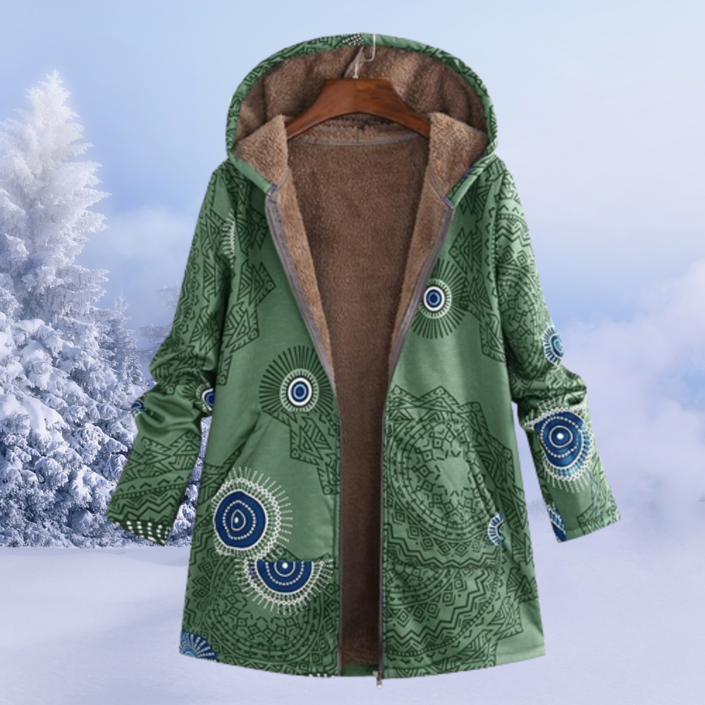 Grüne Damenjacke mit Kapuze, Mandala-Muster, warmes Futter, Wintermode, Outdoor-Bekleidung.