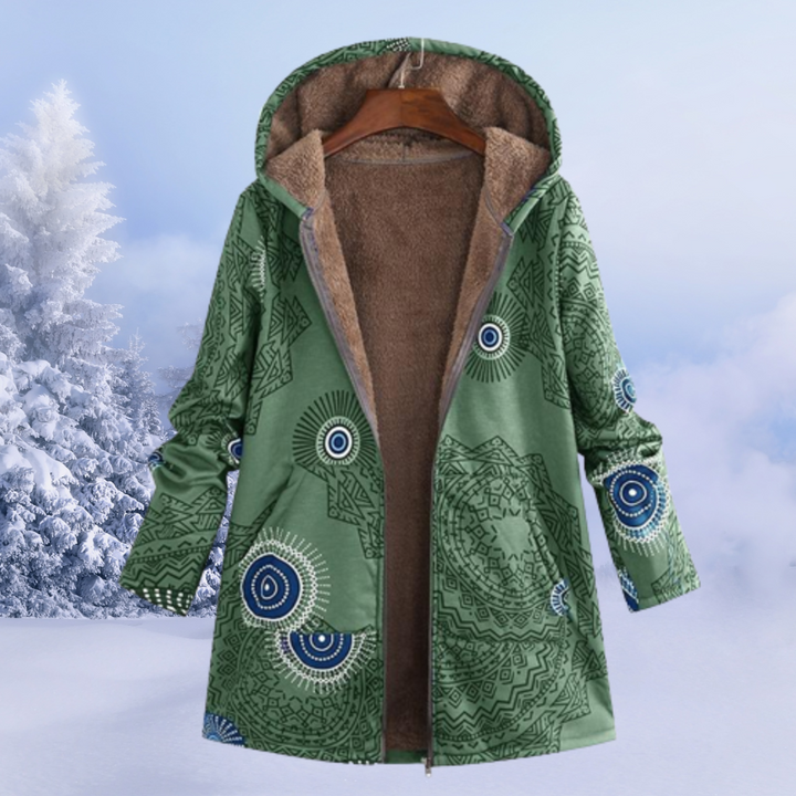 Grüne Damenjacke mit Kapuze, Mandala-Muster, warmes Futter, Wintermode, Outdoor-Bekleidung.