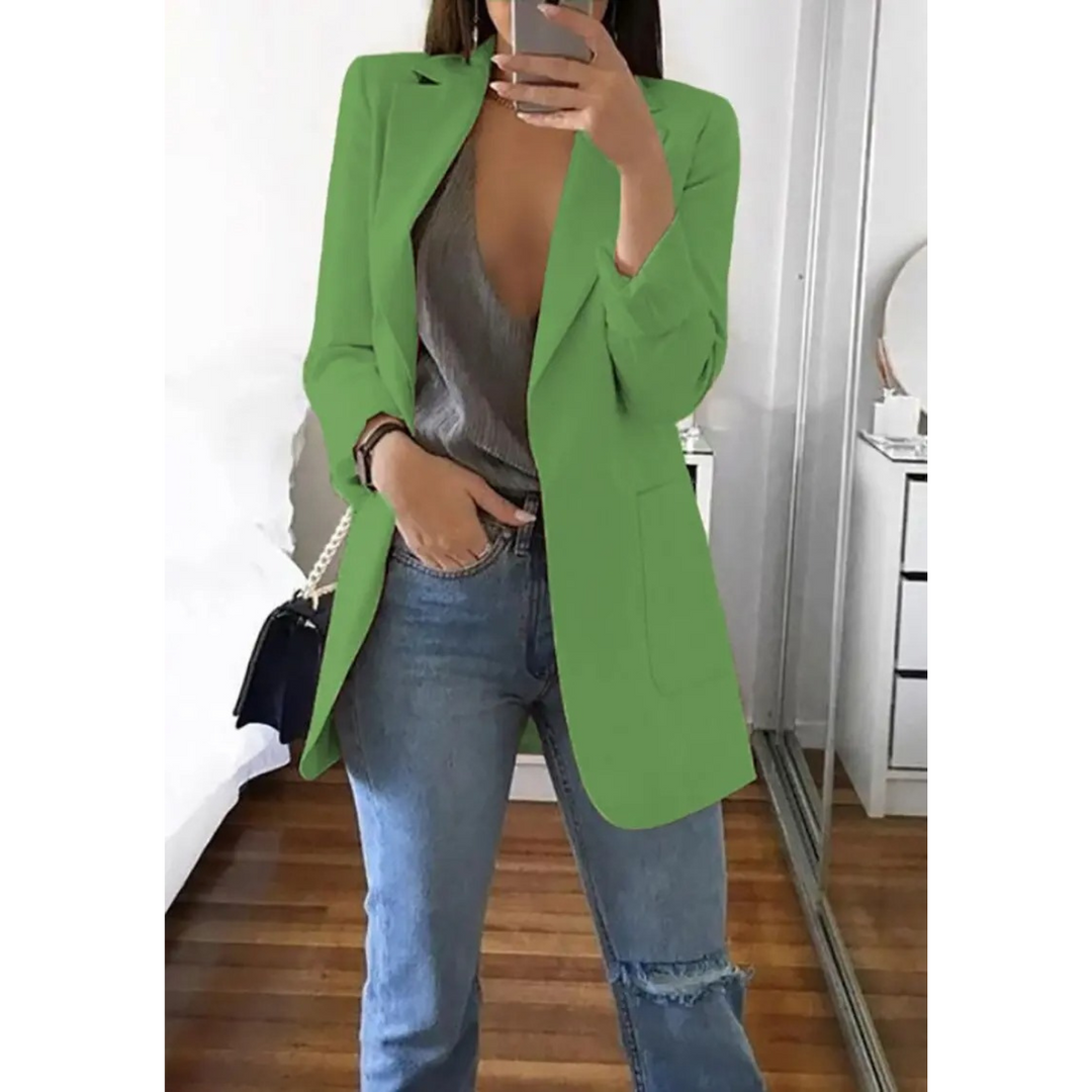 Damenblazer lang grün, modisch, elegant, Freizeitkleidung, Frühling, Sommer, Büro-Outfit