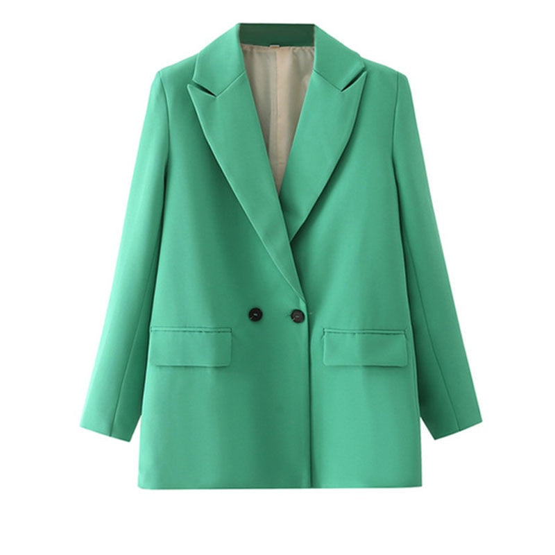 Grüner Damenblazer, zweireihig, elegantes Design, modische Damenbekleidung, Büro-Outfit.