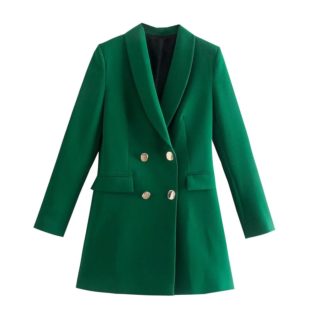 Grüner Damenblazer, zweireihig, elegantes Design, modische Damenjacke, Herbstmode.