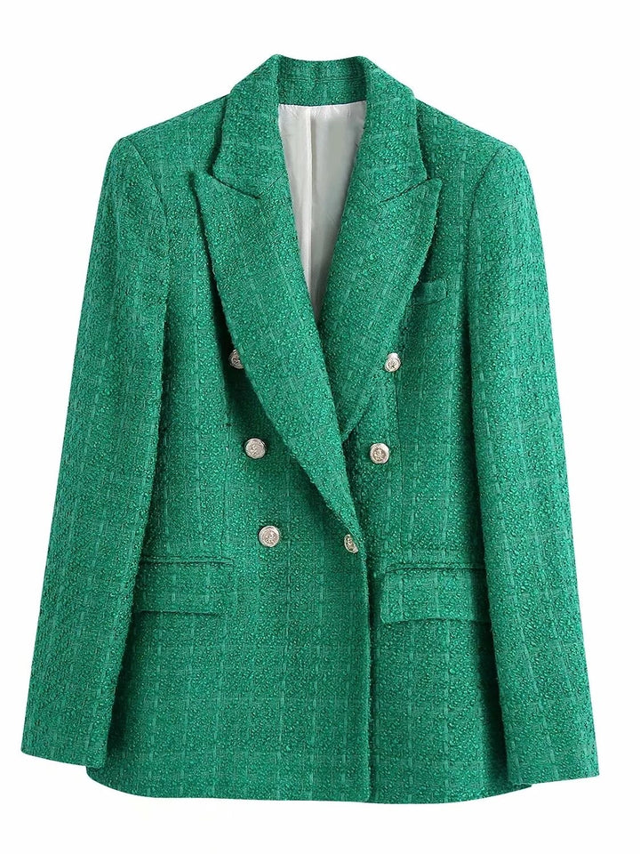 Grüner Damenblazer mit doppelter Knopfleiste, elegantes Design, Businessmode.