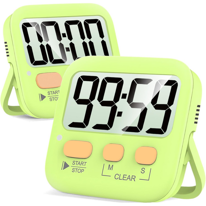 Grüner digitaler Küchentimer mit großem Display und Stoppuhrfunktion, batteriebetrieben.