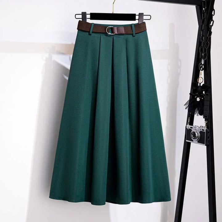 Grüner Damen-Midirock mit Gürtel, elegantes Design, Faltenrock, modische Damenbekleidung.