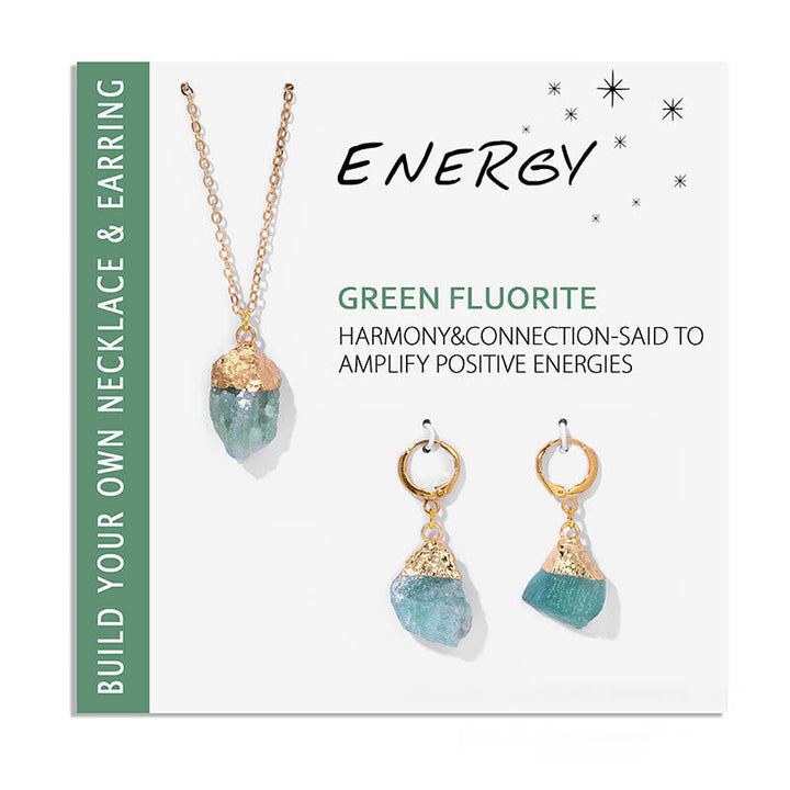 Grüner Fluorit Schmuckset, Halskette und Ohrringe, goldene Fassung, Energie, Harmonie.