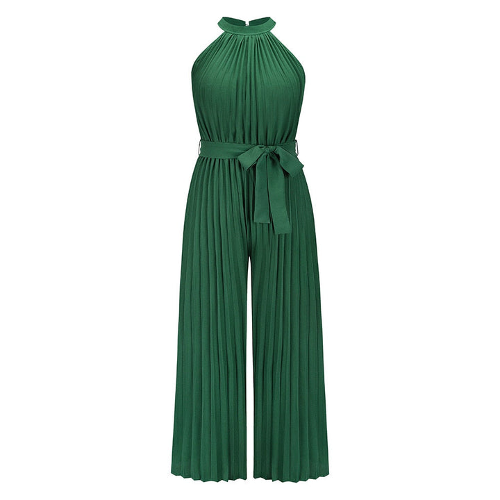 Grüner Damen Jumpsuit, ärmellos, plissiert, mit Gürtel, elegantes Design, Sommermode.
