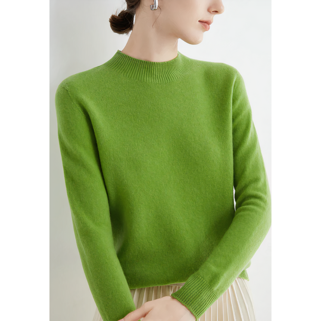 Grüner Damenpullover aus Kaschmir, Rundhalsausschnitt, langärmelig, elegantes Design.