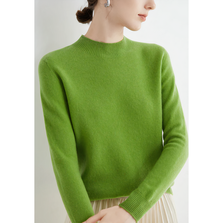Grüner Damenpullover aus Kaschmir, Rundhalsausschnitt, langärmelig, elegantes Design.