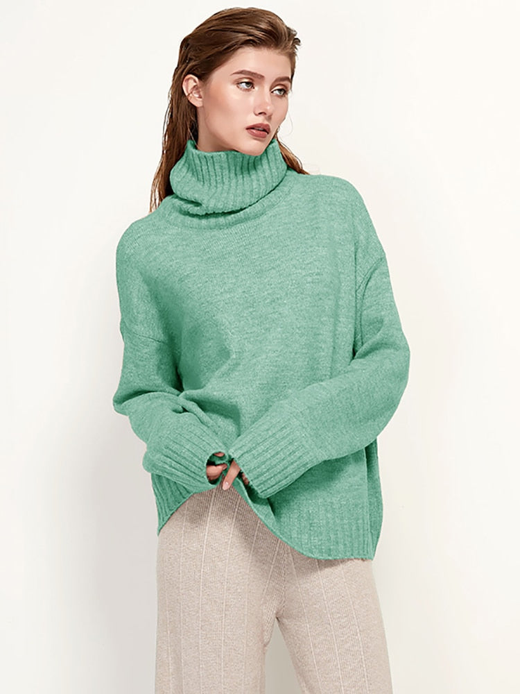 Grüner Rollkragenpullover Damen, Strick, lässig, warm, Herbstmode, weiches Material.