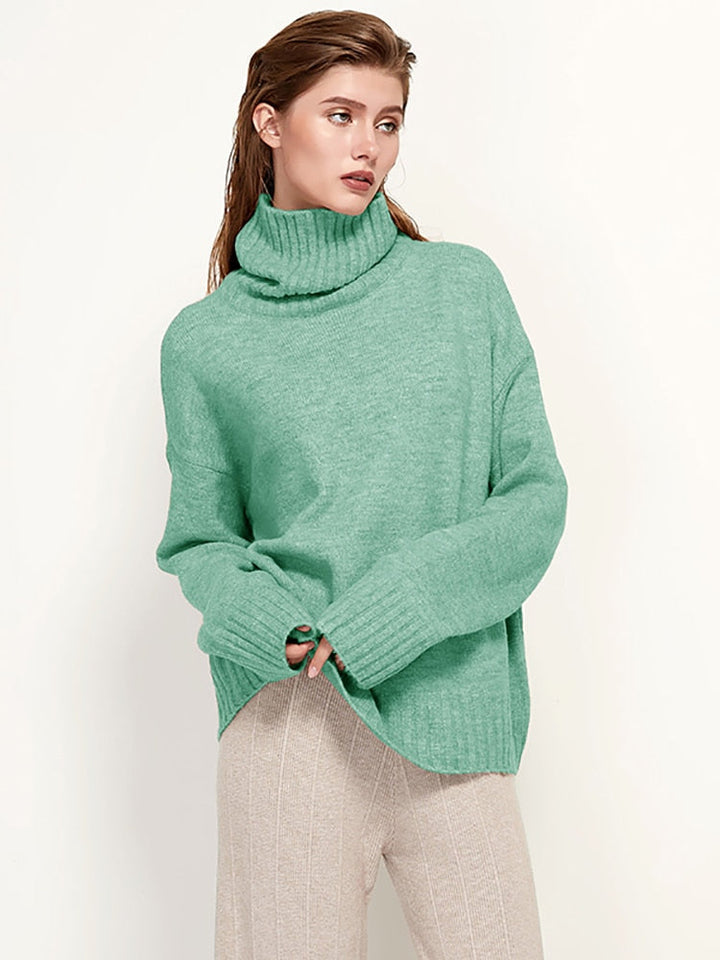 Grüner Rollkragenpullover Damen, Strick, lässig, warm, Herbstmode, weiches Material.