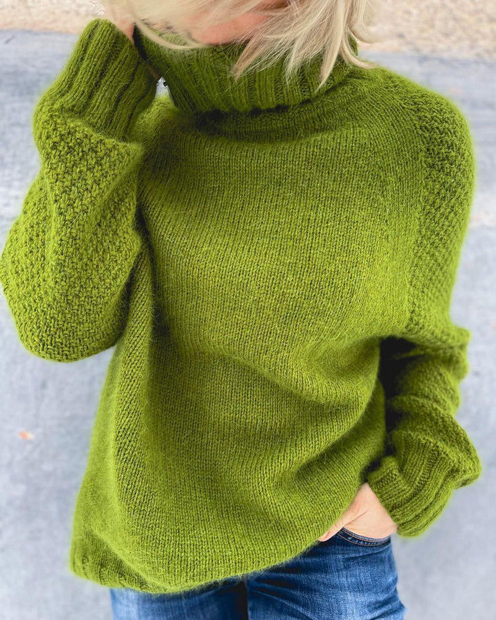 Grüner Strickpullover Damen, Rollkragen, weiches Material, modisch, Herbstmode.
