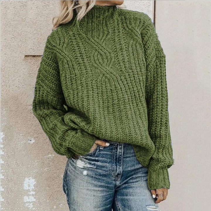 Grüner Strickpullover Damen, Zopfmuster, Rollkragen, lässig, Herbstmode, gemütlich.