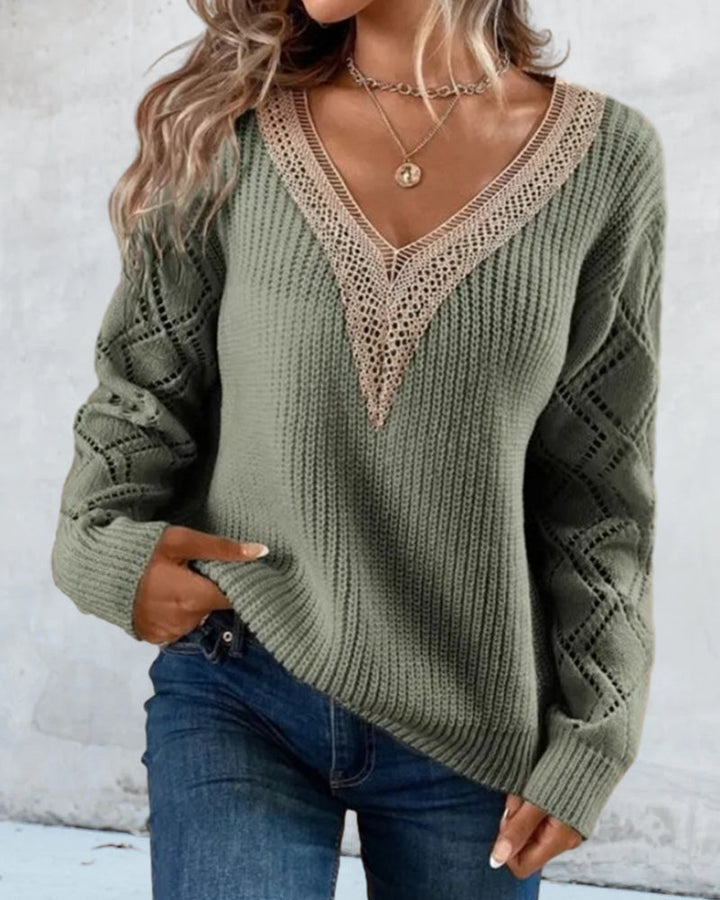 Damen Strickpullover, olivgrün, V-Ausschnitt, Spitzenbesatz, langärmelig, modisch, bequem