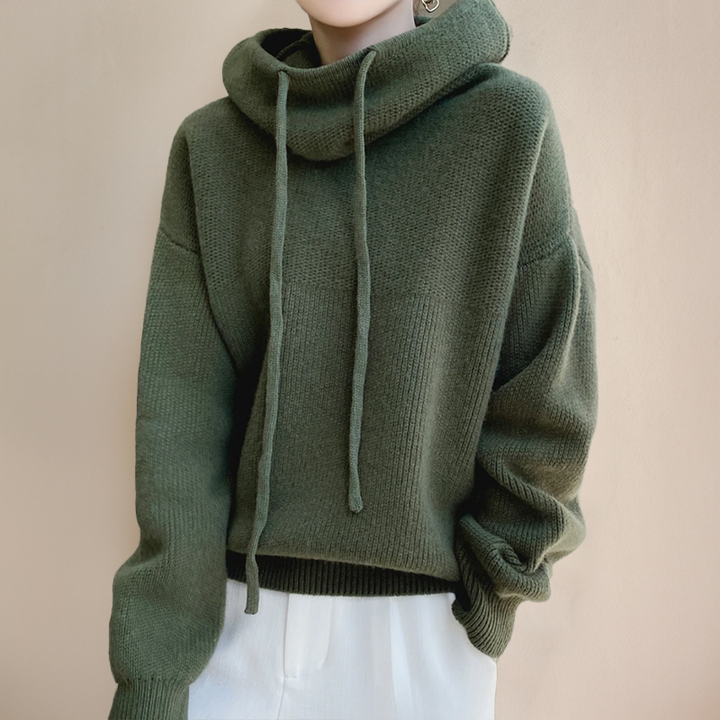 Grüner Damenpullover mit Kapuze, Strick, lässig, warm, modisch, Herbstmode, gemütlich.