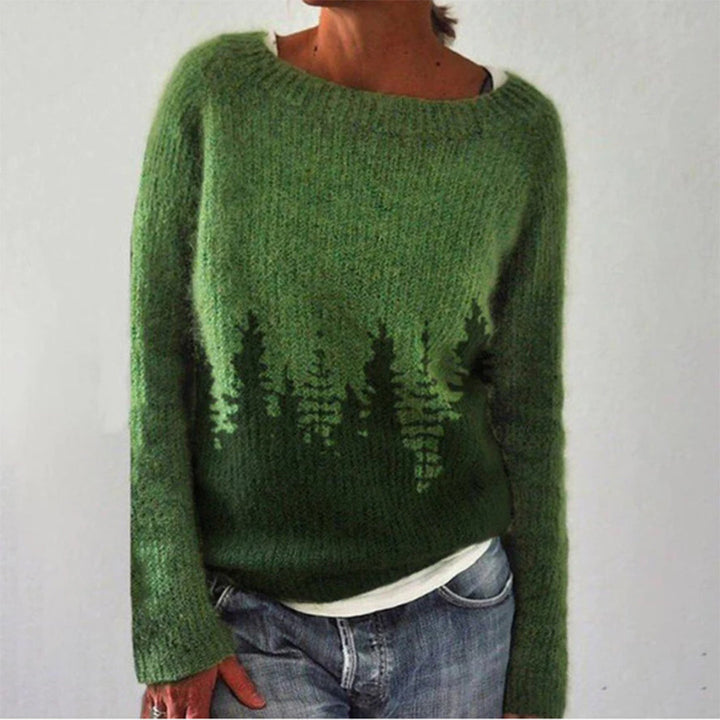 Grüner Damenpullover mit Waldmotiv, Strick, langärmelig, lässig, modisch, bequem.