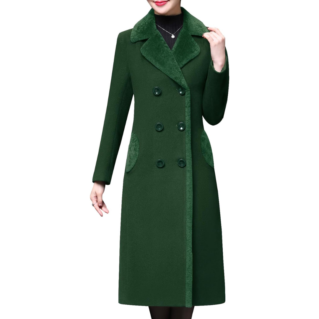 Damen Wintermantel grün, doppelt geknöpft, Wollmischung, elegantes Design, warm und stilvoll.