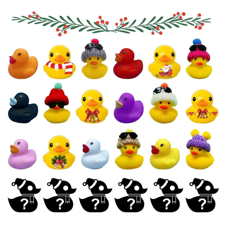 Verschiedene bunte Gummienten mit Weihnachtsmotiven und Accessoires auf weißem Hintergrund.