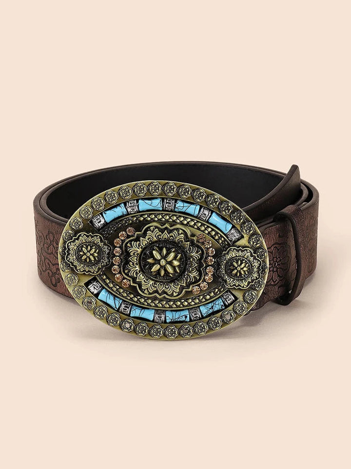 Brauner Ledergürtel mit großer, verzierter Schnalle in Türkis und Gold, modisch, elegant.