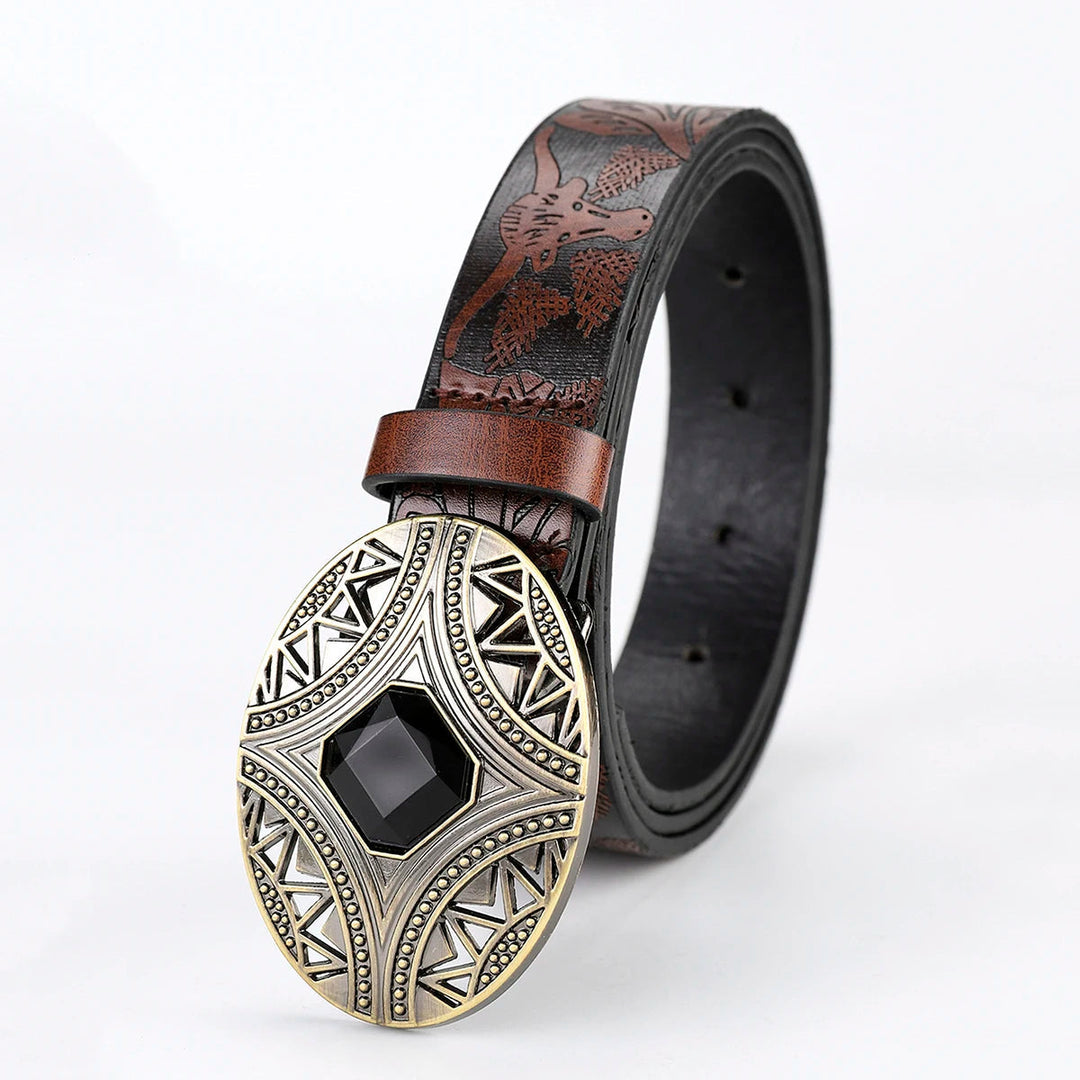 Brauner Ledergürtel mit gravierter Schnalle, schwarzer Stein, Herrenmode Accessoire.