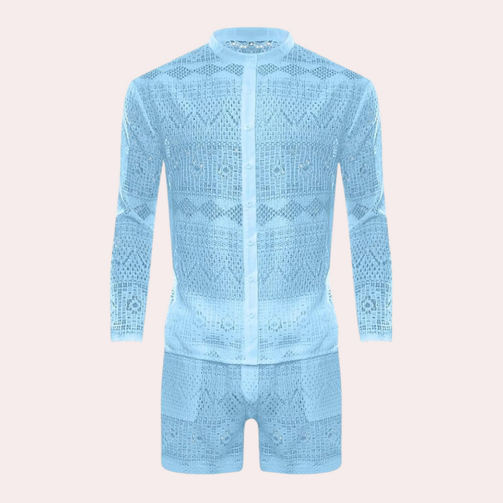 Hellblauer, durchsichtiger Spitzenanzug für Herren, langärmelig, modisch, Sommerkleidung.