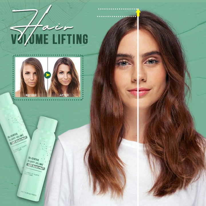 Frau mit voluminösem Haar, Haarvolumen-Spray, Vorher-Nachher-Effekt, grüne Flasche.