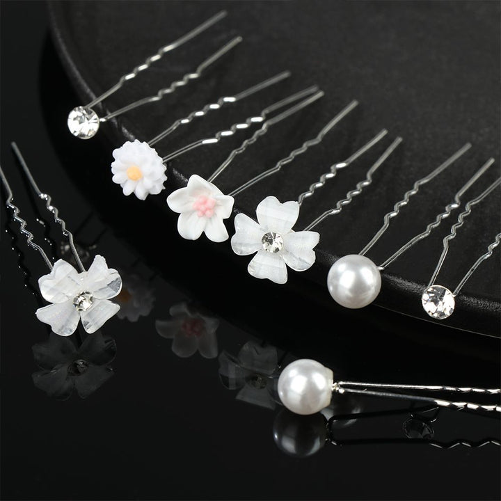 Haarpins mit weißen Blumen und Perlen, Haarschmuck für Hochzeiten, silberne Haarnadeln.