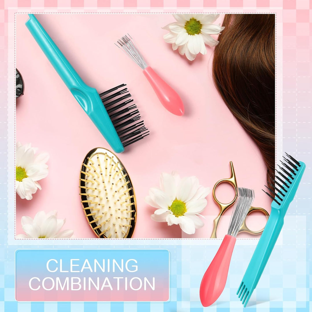 Haarbürsten-Reinigungsset, blau und rosa, mit Metallborsten, ideal für Haarpflege.
