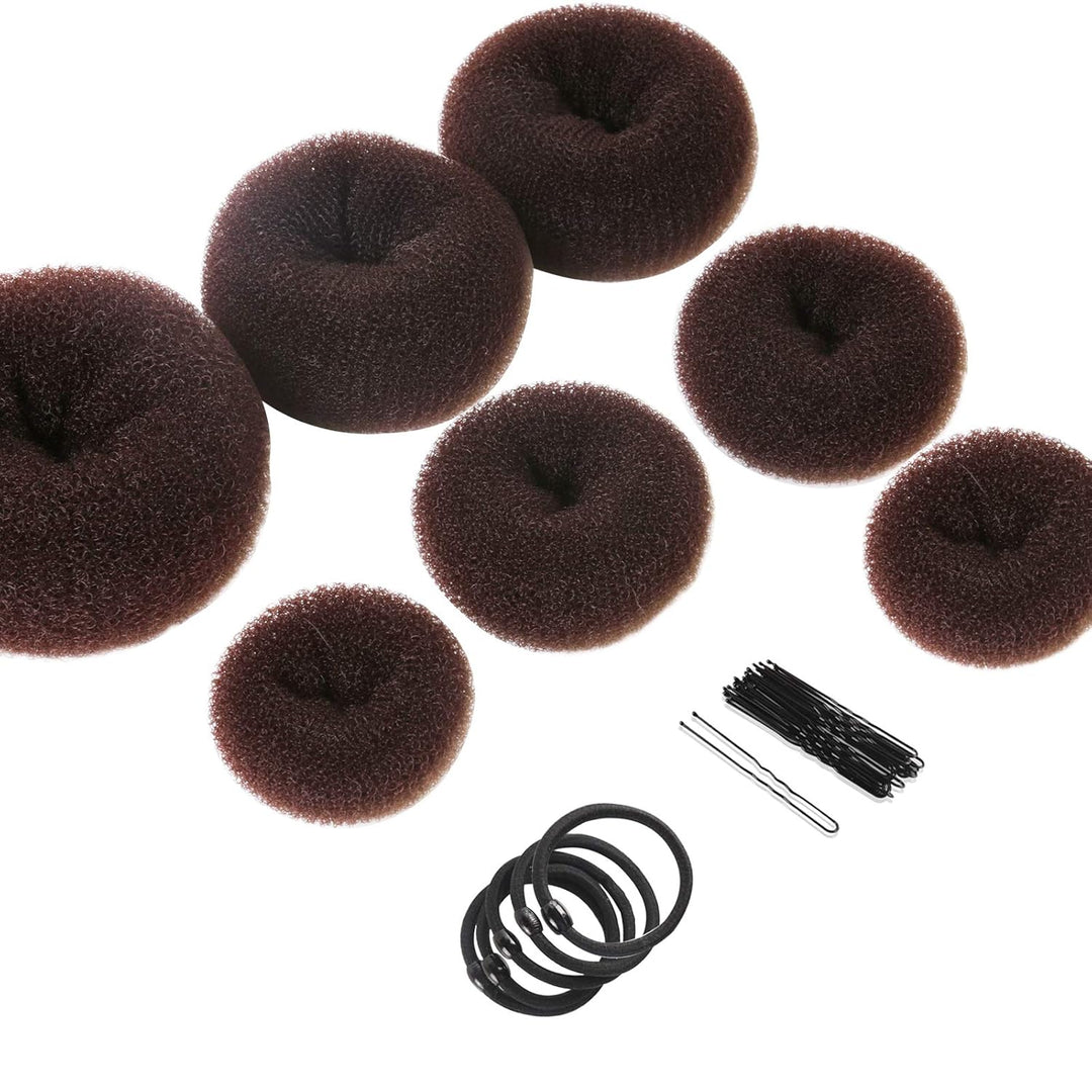 Braune Haardonut-Sets mit Haargummis und Haarnadeln für Hochsteckfrisuren.