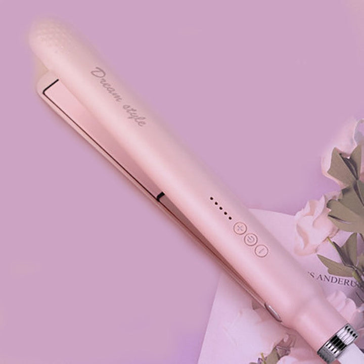 Rosa Haarglätter, kabellos, tragbar, für glattes Haar, ideal für Reisen, stilvolles Design.