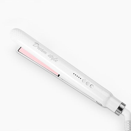 Weißes Haarglätteisen, Keramik, LED-Anzeige, Haarstyling, professionelles Friseurwerkzeug.