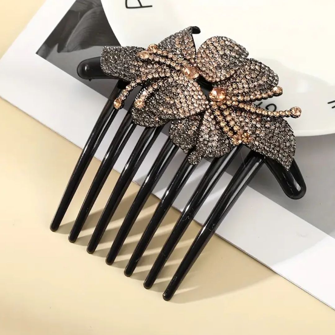 Schwarzer Haarkamm mit glitzerndem Schmetterlingsdesign, elegantes Haaraccessoire.