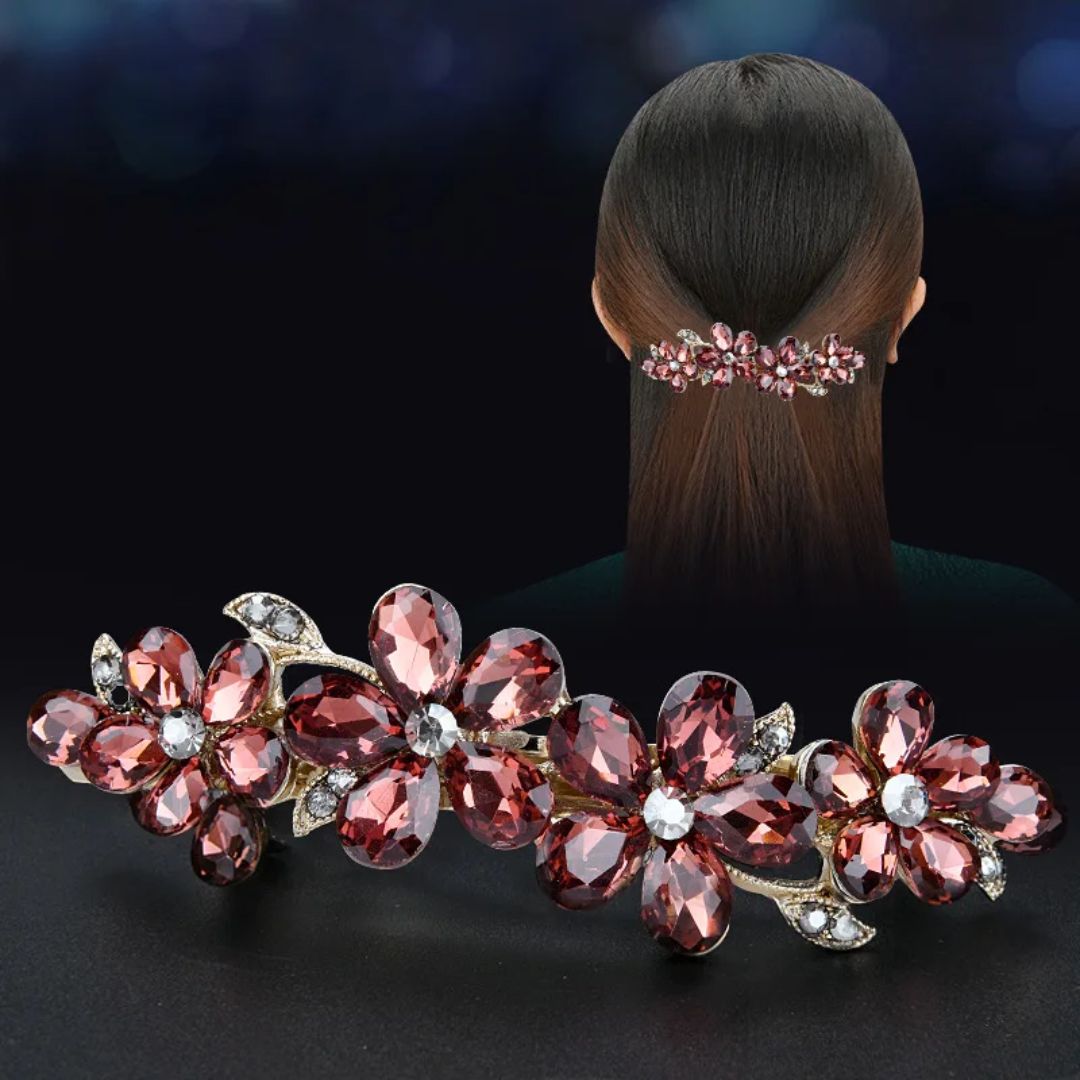 Haarspange Blumenmuster, rot, Kristallsteine, elegantes Haaraccessoire, Damenmode.