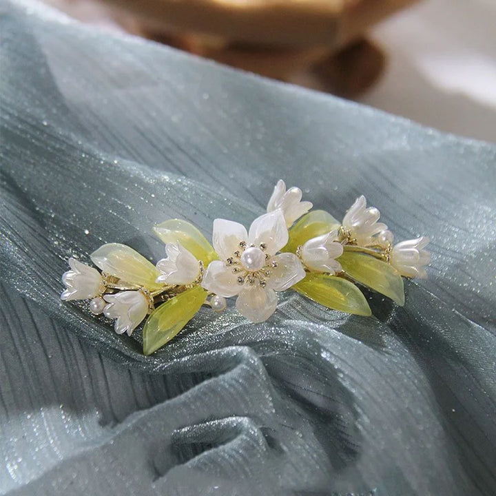 Haarspange Blumen Design, Perlen, grün-weiß, elegant, Hochzeitsschmuck, Damen Accessoire