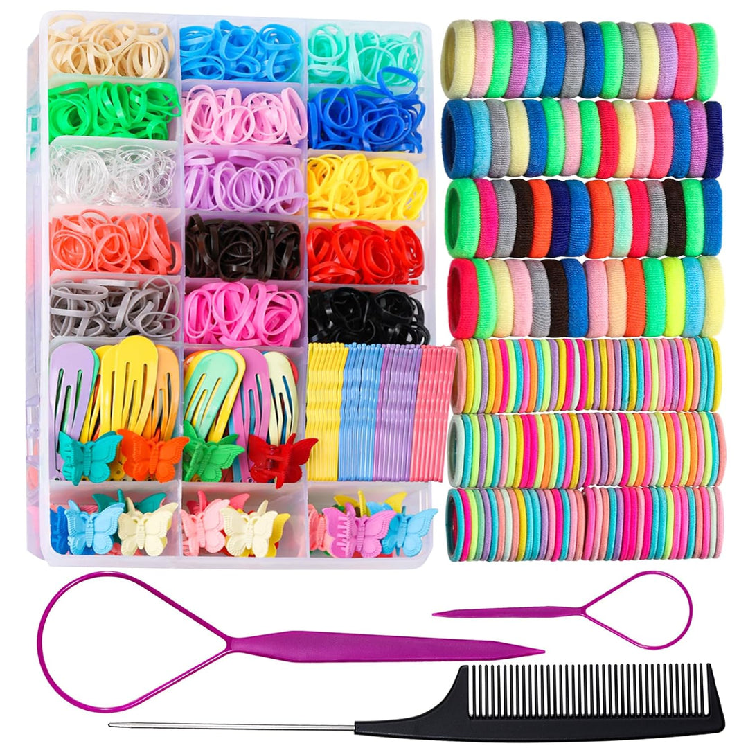 Haarstyling-Set mit bunten Haargummis, Clips, Kamm und Flechtnadel, ideal für Frisuren.