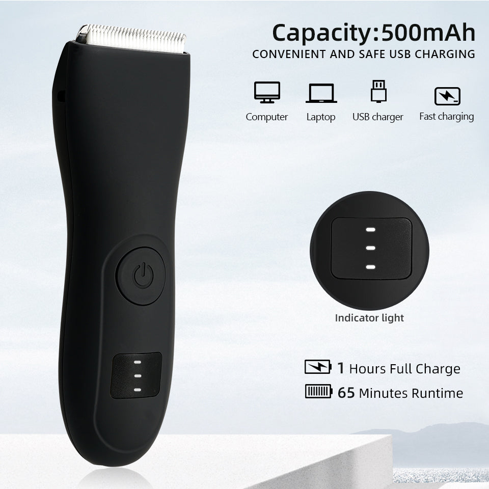 Schwarzer elektrischer Haarschneider mit USB-Ladefunktion, 500mAh, 65 Minuten Laufzeit.