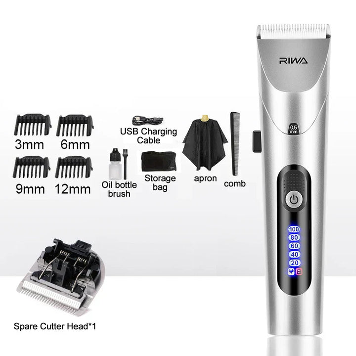 Riwa Haarschneider Set, silber, mit Aufsätzen, USB-Ladekabel, Ölflasche, Kamm, Schürze.