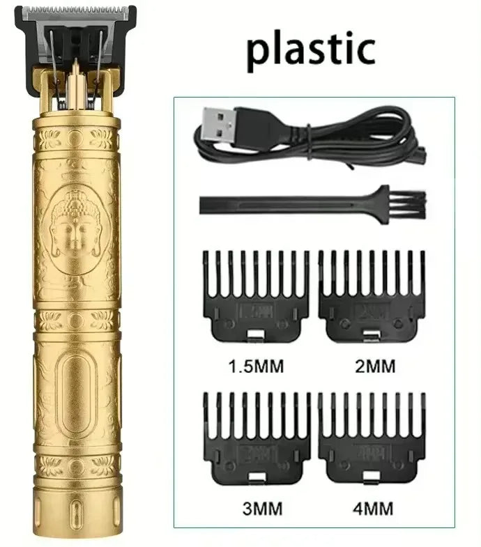 Goldener elektrischer Haarschneider mit USB-Kabel und 4 Kammaufsätzen, Barttrimmer-Set.