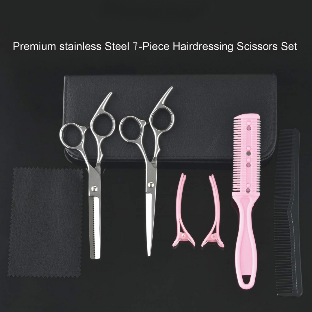 Premium Edelstahl 7-teiliges Friseurscheren-Set mit Kamm und Clips auf schwarzem Etui.