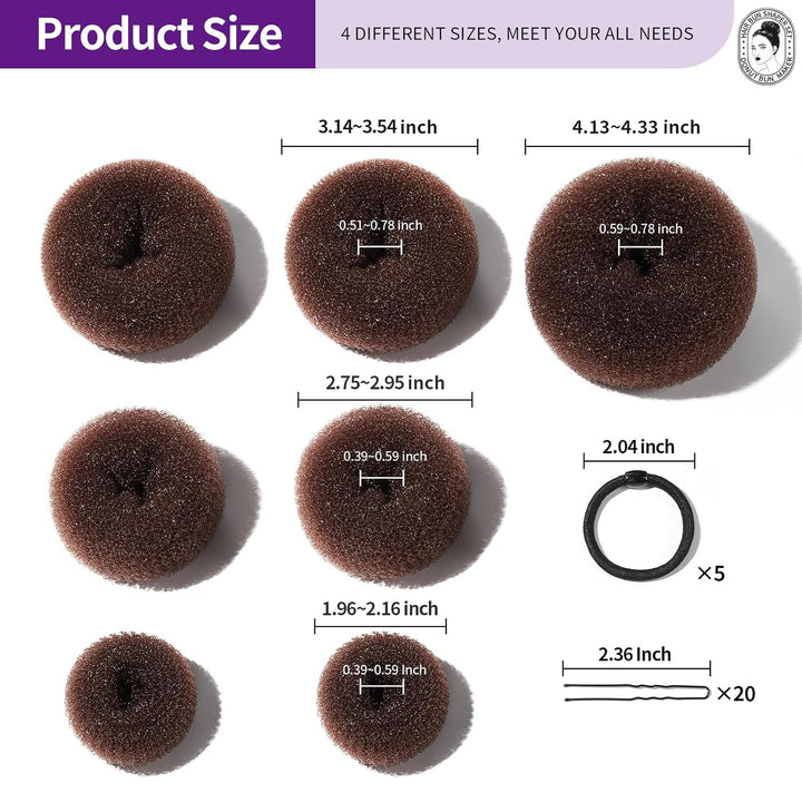 Braune Haardonut-Sets in verschiedenen Größen, ideal für Hochsteckfrisuren, inklusive Haargummi.