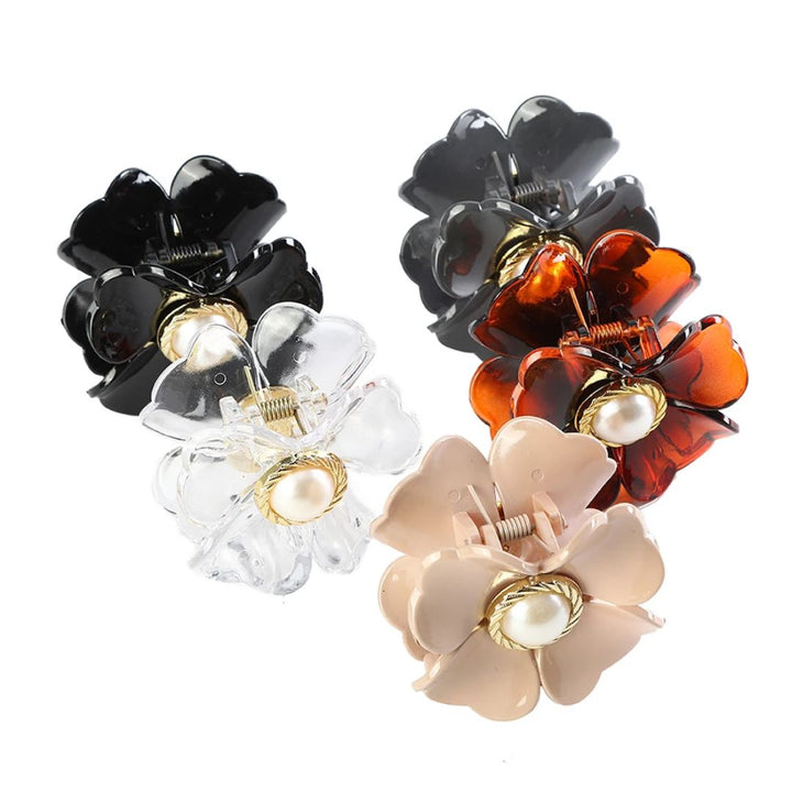 Blumen-Haarspangen Set, Kunststoff, Schwarz, Weiß, Braun, Beige, modisches Accessoire.