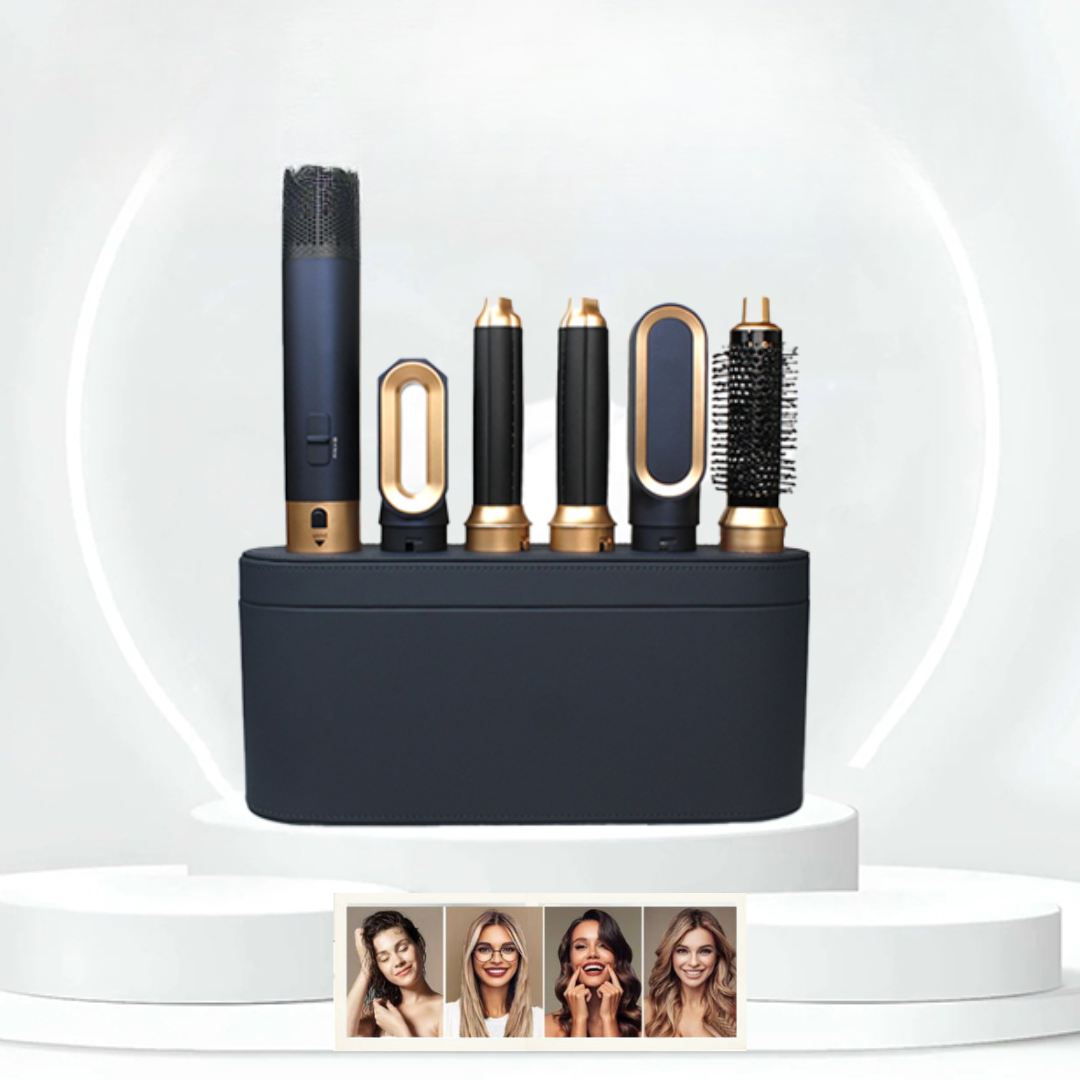 Schwarzer Haarstyler-Set mit goldenen Aufsätzen, Lockenstab, Föhn, Rundbürste, Glätteisen.
